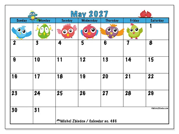 Printable May 2027 calendar - Funny birds - Week from Sunday to Saturday