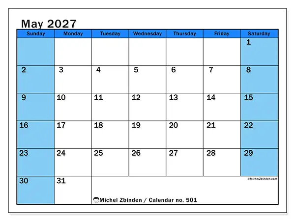Printable May 2027 calendar - Dynamic studies - Week: Sunday to Saturday