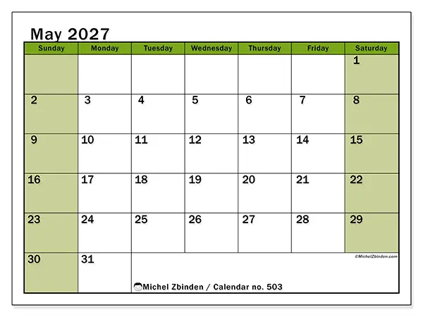 Printable May 2027 calendar - Lively organization - Week from Sunday to Saturday