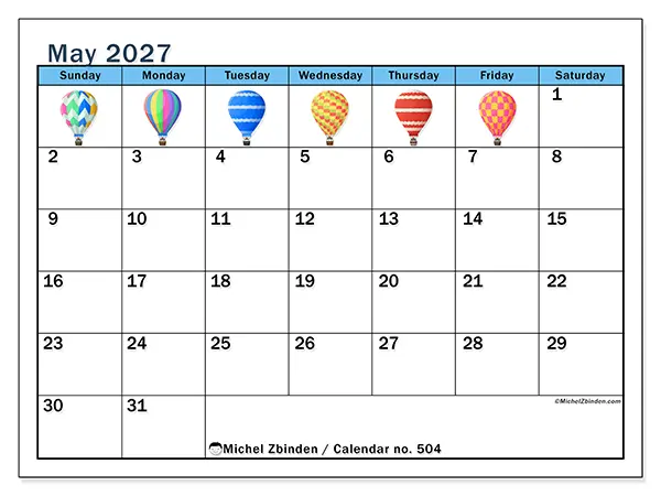 Printable May 2027 calendar - Hot air balloons - Week from Sunday to Saturday