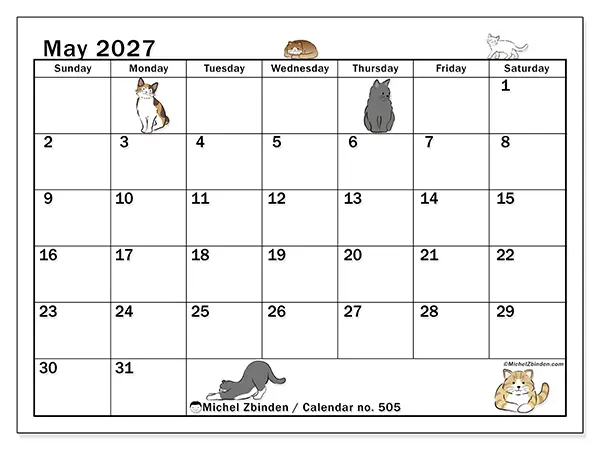 Printable May 2027 calendar - Cat life - Week from Sunday to Saturday