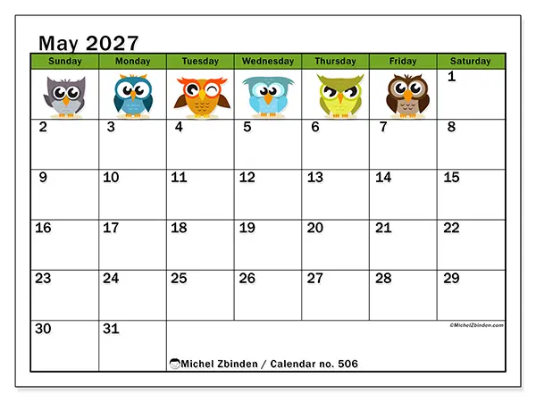 Printable May 2027 calendar - Funny owls - Week from Sunday to Saturday