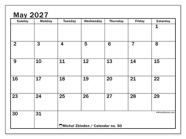 Printable May 2027 calendar - Optimal planning - Week: Sunday to Saturday