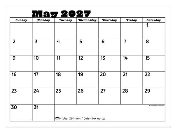 Printable May 2027 calendar - Family activities - Week from Sunday to Saturday