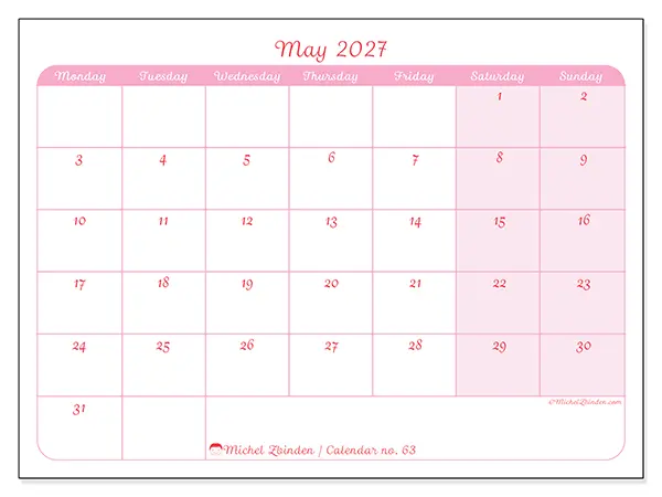 Printable May 2027 calendar - Gentle organization