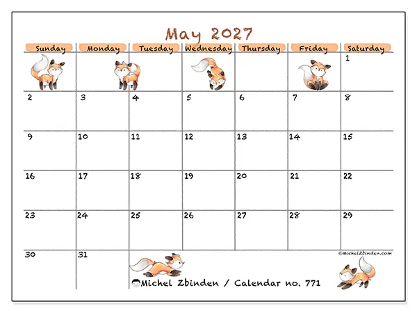 Printable May 2027 calendar - Fox drawings - Week: Sunday to Saturday