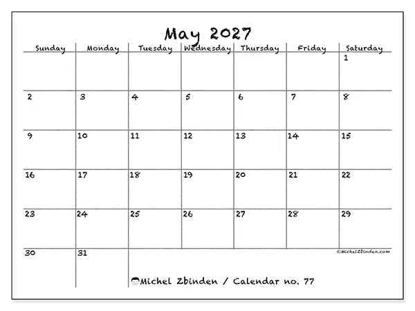 Printable May 2027 calendar - School and family - Week: Sunday to Saturday