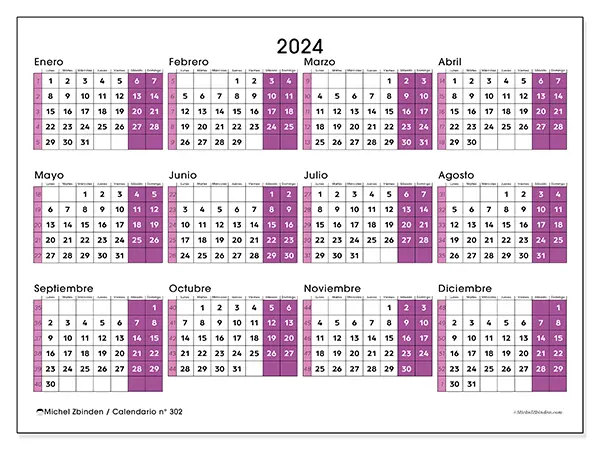Calendario para imprimir n° 302, 2024