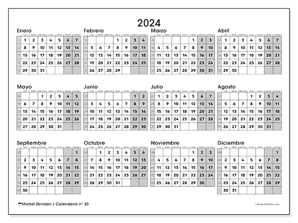 Calendario n.° 30 para 2024 para imprimir gratis. Semana: De lunes a domingo.