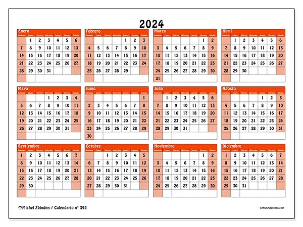 Calendario n.° 392 para imprimir gratis, 2024. Semana:  