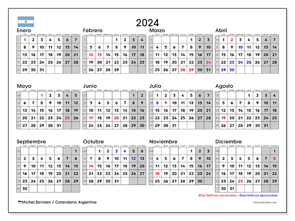 Calendario Argentina para 2024 para imprimir gratis. Semana: De lunes a domingo.