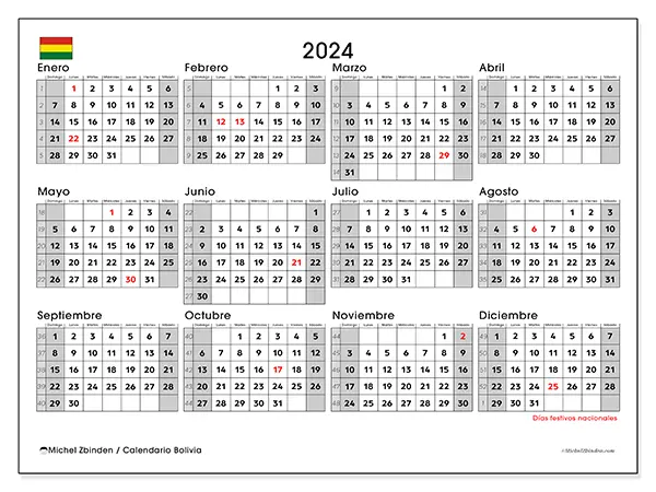 Calendario Bolivia para 2024 para imprimir gratis. Semana: De domingo a sábado.