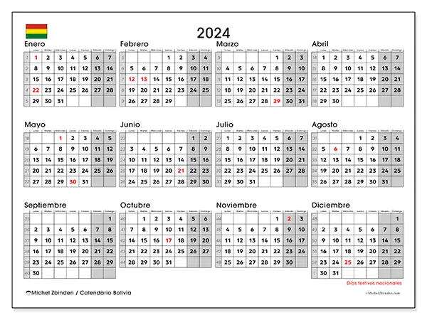 Calendario Bolivia para 2024 para imprimir gratis. Semana: De lunes a domingo.