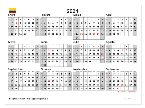 Calendario Colombia para 2024 para imprimir gratis. Semana: De domingo a sábado.