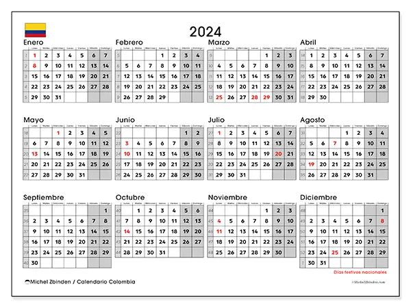 Calendario Colombia para 2024 para imprimir gratis. Semana: De lunes a domingo.