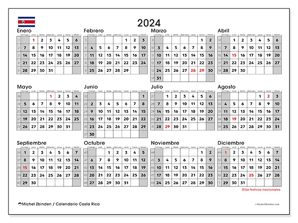 Calendario Costa Rica para 2024 para imprimir gratis. Semana: De domingo a sábado.