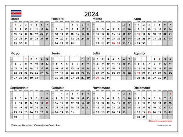 Calendario Costa Rica para 2024 para imprimir gratis. Semana: De lunes a domingo.