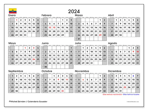 Calendario Ecuador para 2024 para imprimir gratis. Semana: De domingo a sábado.