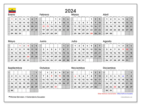 Calendario Ecuador para 2024 para imprimir gratis. Semana: De lunes a domingo.