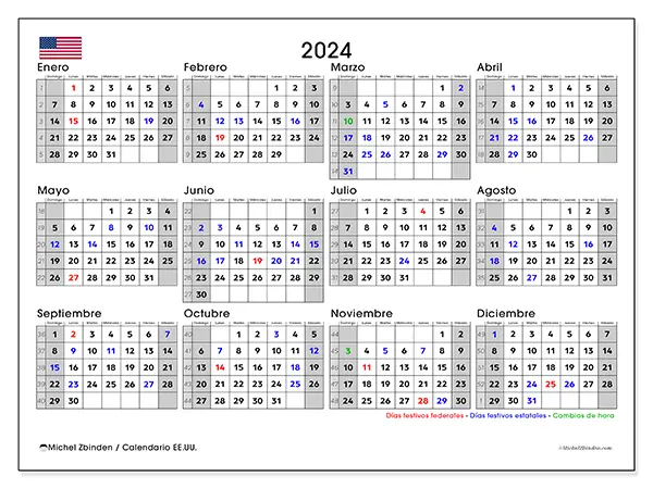 Calendario Estados Unidos para 2024 para imprimir gratis. Semana: De domingo a sábado.