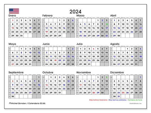 Calendario Estados Unidos para 2024 para imprimir gratis. Semana: De lunes a domingo.