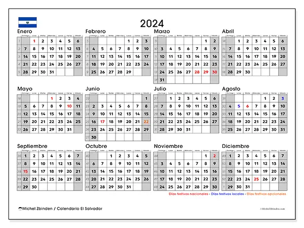 Calendario El Salvador para 2024 para imprimir gratis. Semana: De domingo a sábado.