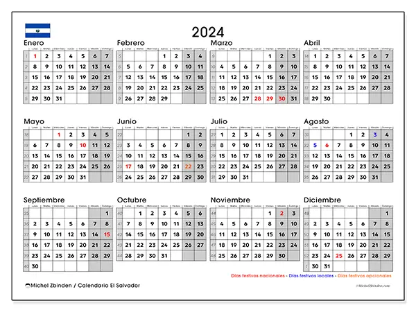 Calendario El Salvador para 2024 para imprimir gratis. Semana: De lunes a domingo.
