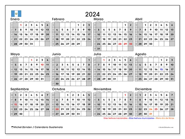 Calendario Guatemala para 2024 para imprimir gratis. Semana: De domingo a sábado.