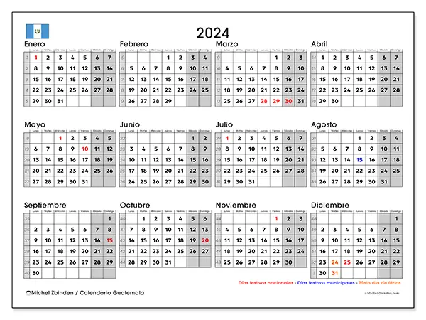 Calendario Guatemala para 2024 para imprimir gratis. Semana: De lunes a domingo.