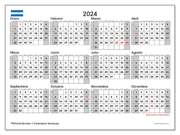 Calendario Honduras para 2024 para imprimir gratis. Semana: De domingo a sábado.