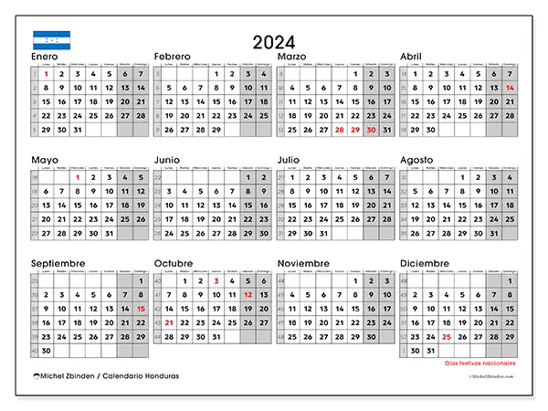 Calendario Honduras para 2024 para imprimir gratis. Semana: De lunes a domingo.