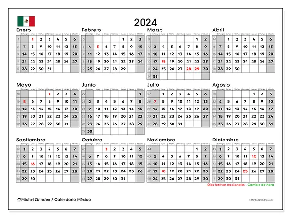 Calendario México para 2024 para imprimir gratis. Semana: De domingo a sábado.