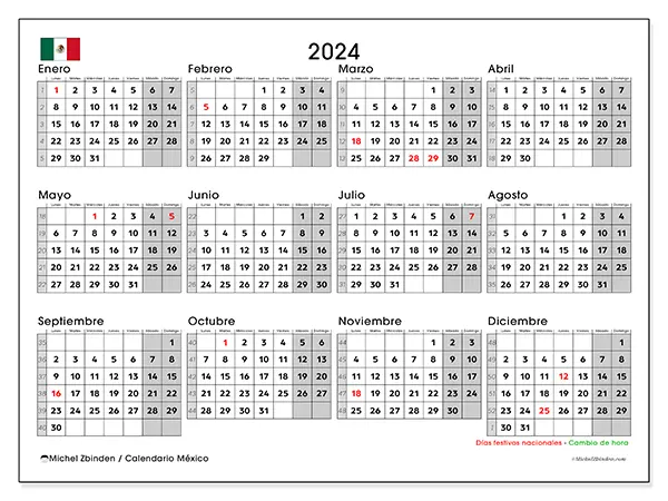 Calendario México para 2024 para imprimir gratis. Semana: De lunes a domingo.