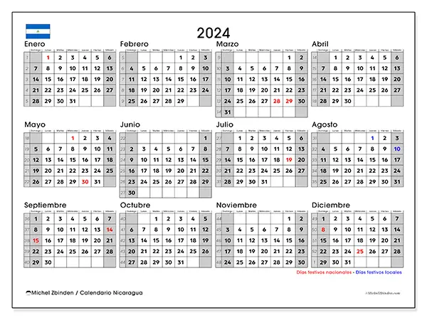 Calendario Nicaragua para 2024 para imprimir gratis. Semana: De domingo a sábado.