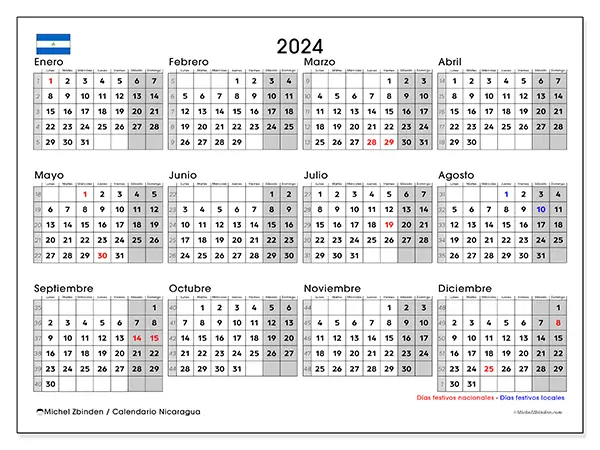 Calendario Nicaragua para 2024 para imprimir gratis. Semana: De lunes a domingo.