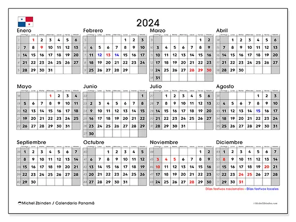 Calendario Panamá 2024 para imprimir gratis. Semana: De domingo a sábado.