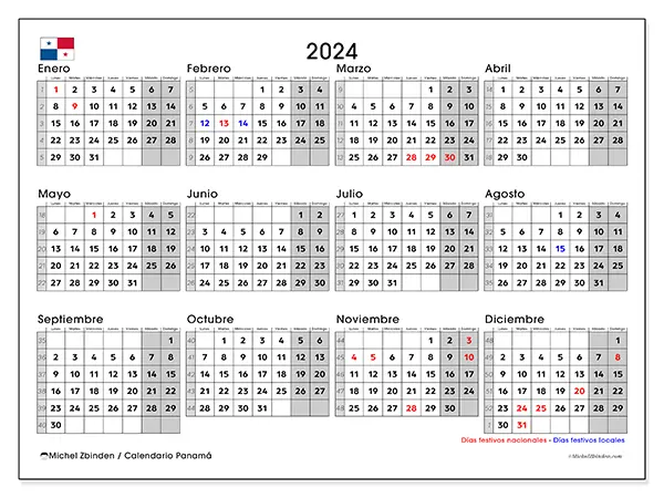 Calendario Panamá 2024 para imprimir gratis. Semana: De lunes a domingo.