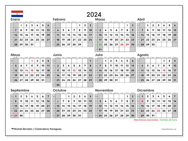 Calendario Paraguay para 2024 para imprimir gratis. Semana: De domingo a sábado.