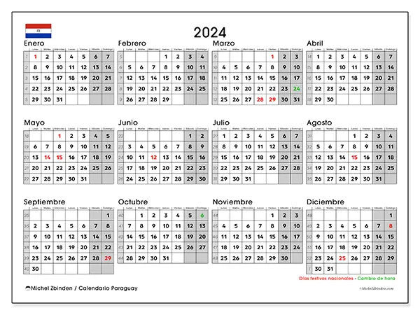 Calendario Paraguay para 2024 para imprimir gratis. Semana: De lunes a domingo.