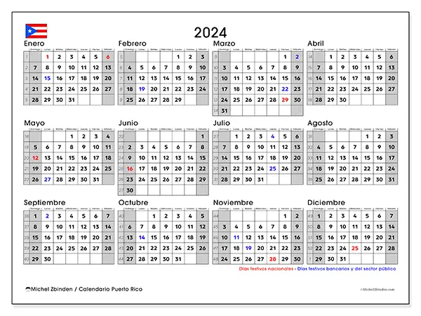 Calendario Puerto Rico para 2024 para imprimir gratis. Semana: De domingo a sábado.