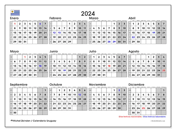 Calendario Uruguay para 2024 para imprimir gratis. Semana: De lunes a domingo.