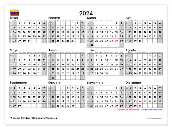 Calendario Venezuela para 2024 para imprimir gratis. Semana: De domingo a sábado.