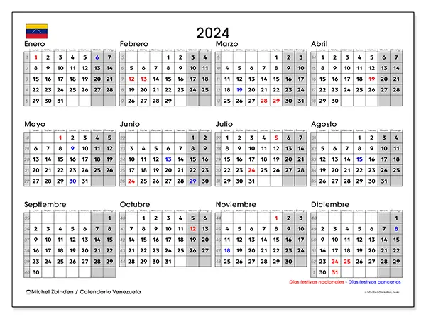 Calendario Venezuela para 2024 para imprimir gratis. Semana: De lunes a domingo.