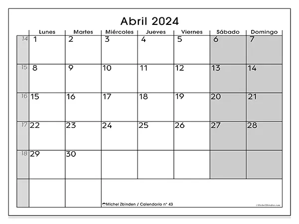 Calendario para imprimir n° 43, abril de 2024