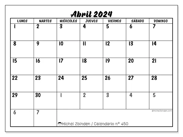Calendario n.° 450 para imprimir gratis, abril 2025. Semana:  De lunes a domingo