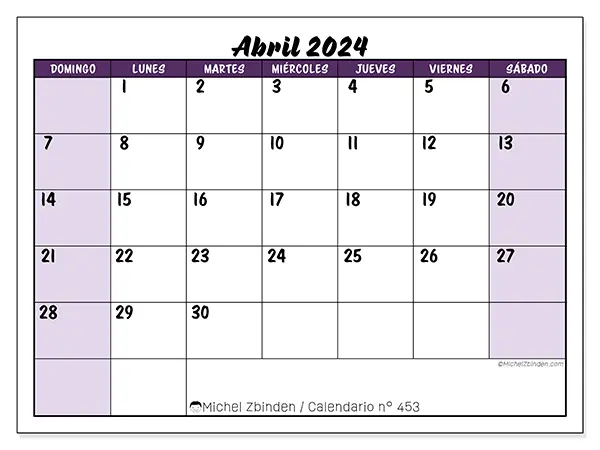 Calendario para imprimir n° 453, abril de 2024