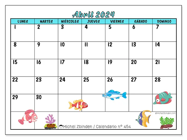 Calendario n.° 454 para imprimir gratis, abril 2025. Semana:  De lunes a domingo