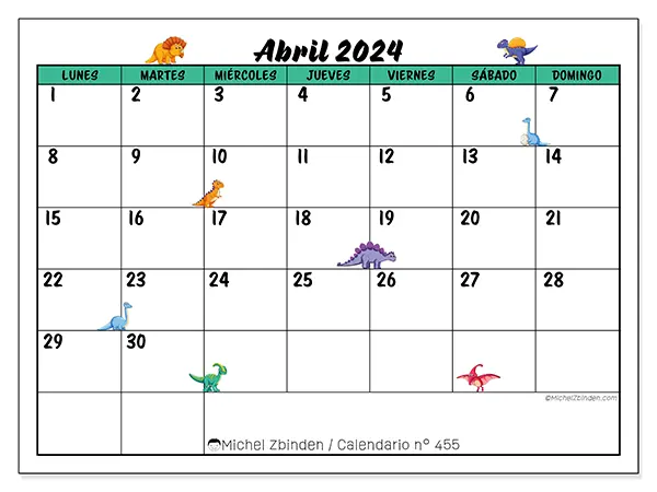 Calendario n.° 455 para imprimir gratis, abril 2025. Semana:  De lunes a domingo
