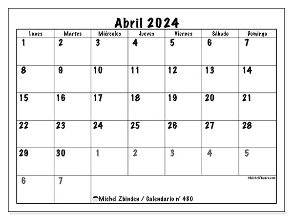 Calendario para imprimir n° 480, abril de 2024