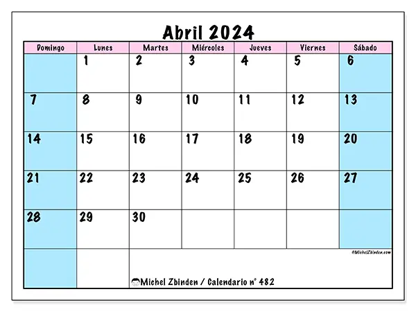 Calendario n.° 482 para abril de 2024 para imprimir gratis. Semana: De domingo a sábado.